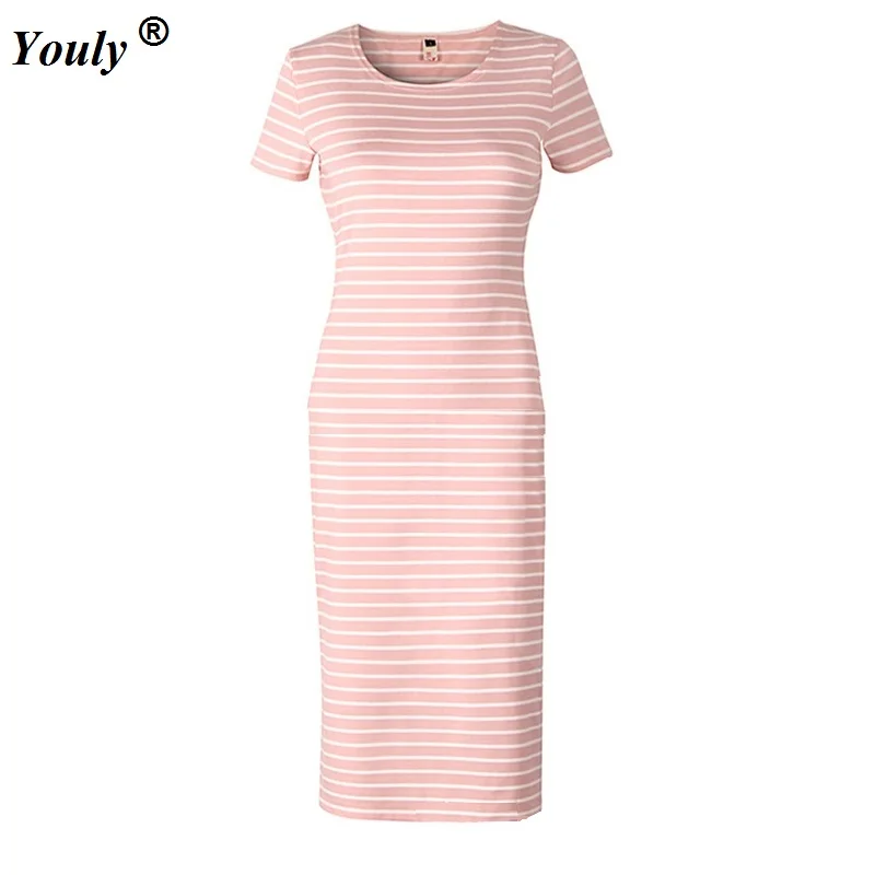 

Striped Split T-Shirt Dress Women's Slim Beach Dresses Casual Summer Dress Short Sleeve O-Neck Bodycon Dress Lounge homewear