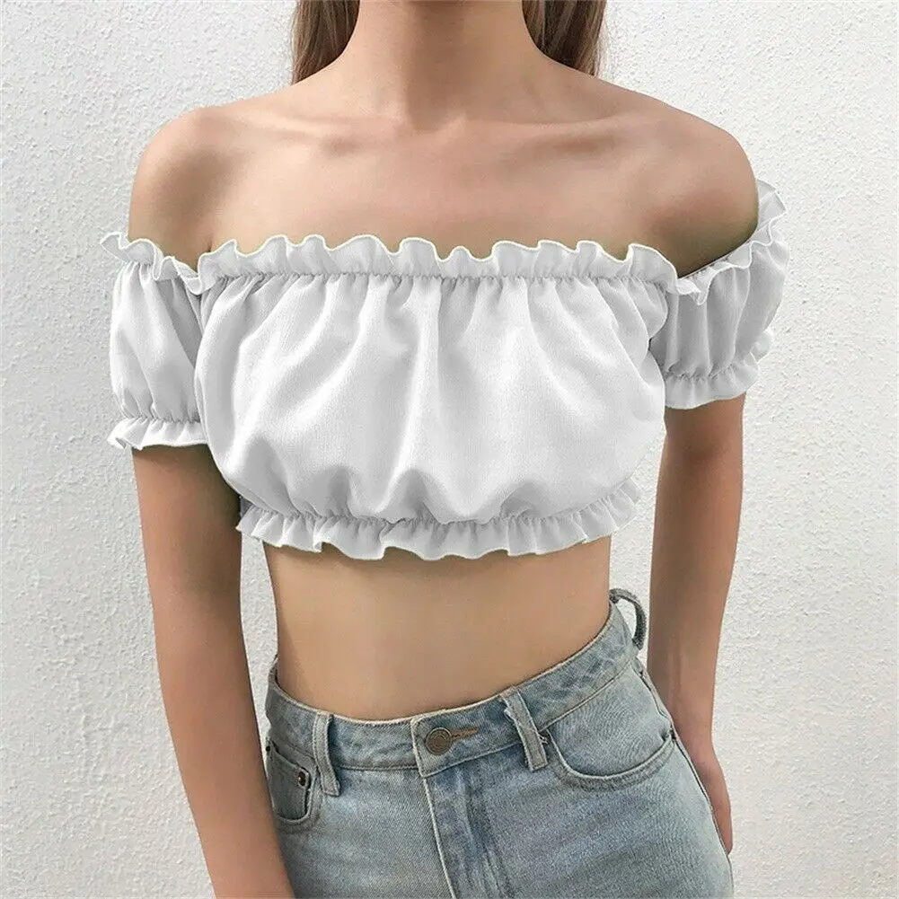 

Women Ladies Summer Casual Strapless Cami Ruffle Off Shoulder Crop Top Vest Tank Top Vest White Purple Green