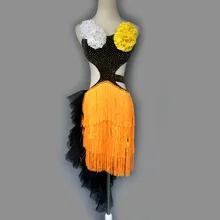 Латинских танцев пикантные старший с бахромой, украшенные цветами для латино-американских танцев, платья для женщин конкурс латиноамериканских танцев платья S-4XL A21