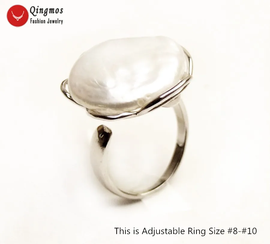 

Qingmos White Natural Pearl Rings for Women with 20mm Coin Round Pearl Silver Plate Metal Ring Jewelry Adjustable Ring #8-10 r46