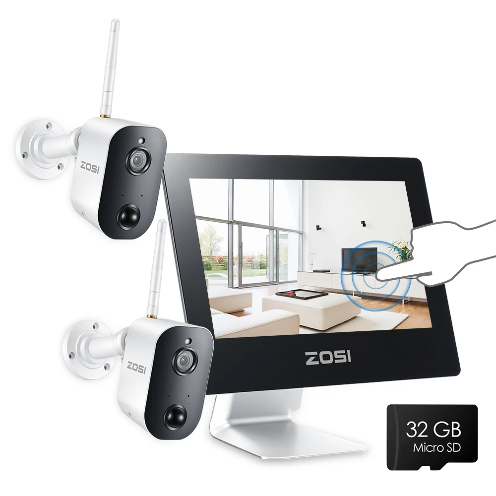 ZOSI Беспроводная система безопасности 1080p HD с двумя 2,0-мегапиксельными батареями с беспроволочным беспроводным двухканальным аудиоаппаратом для видеонаблюдения