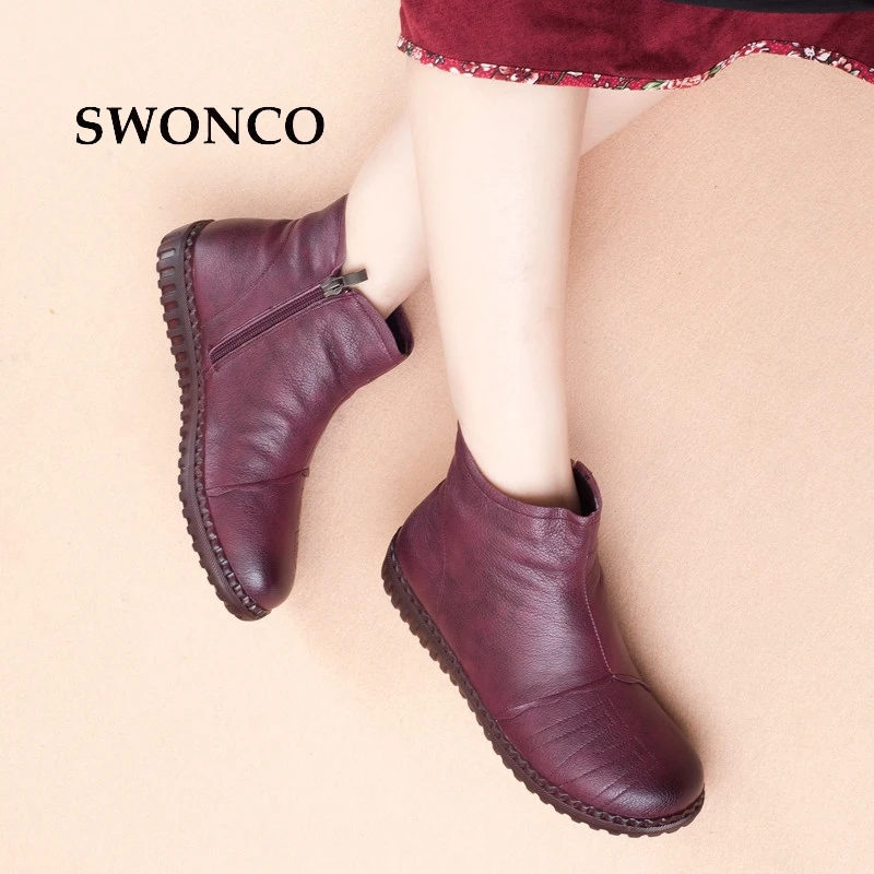 

SWONCO Women's Winter Boots Genuine Leather Retro Sewing 2019 Ladies Shoes Ankle Boots For Women Winter Non-slip Mother Boot