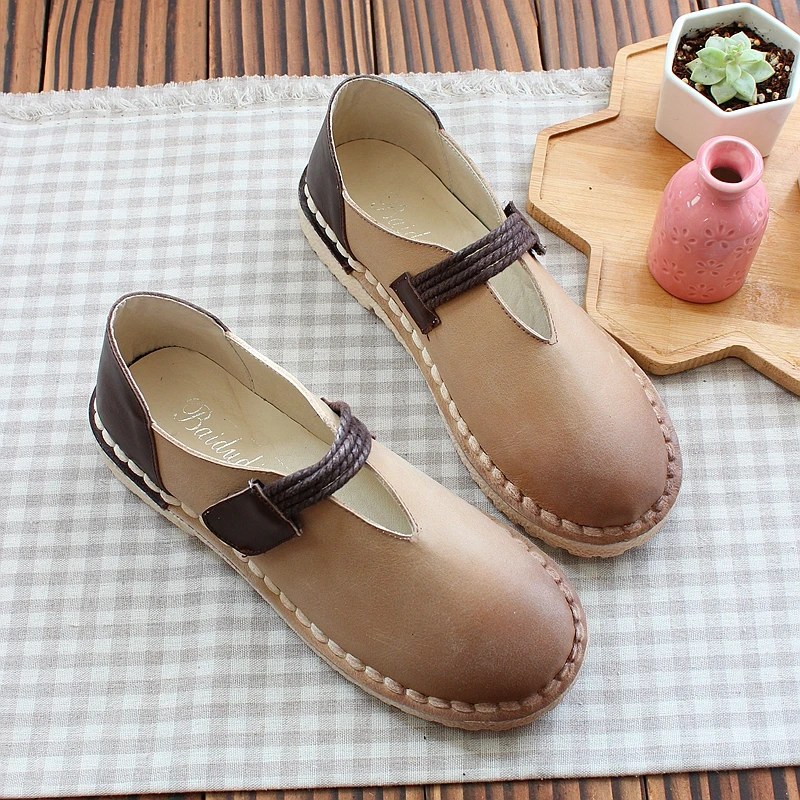 Confortable Beige vert Occasionnels Véritable Ronde Chaussures Main Littéraire Rétro Cuir Femmes En Plat Tête Fond Poupée Mou Belle Unique marron pwTK6xHKfq