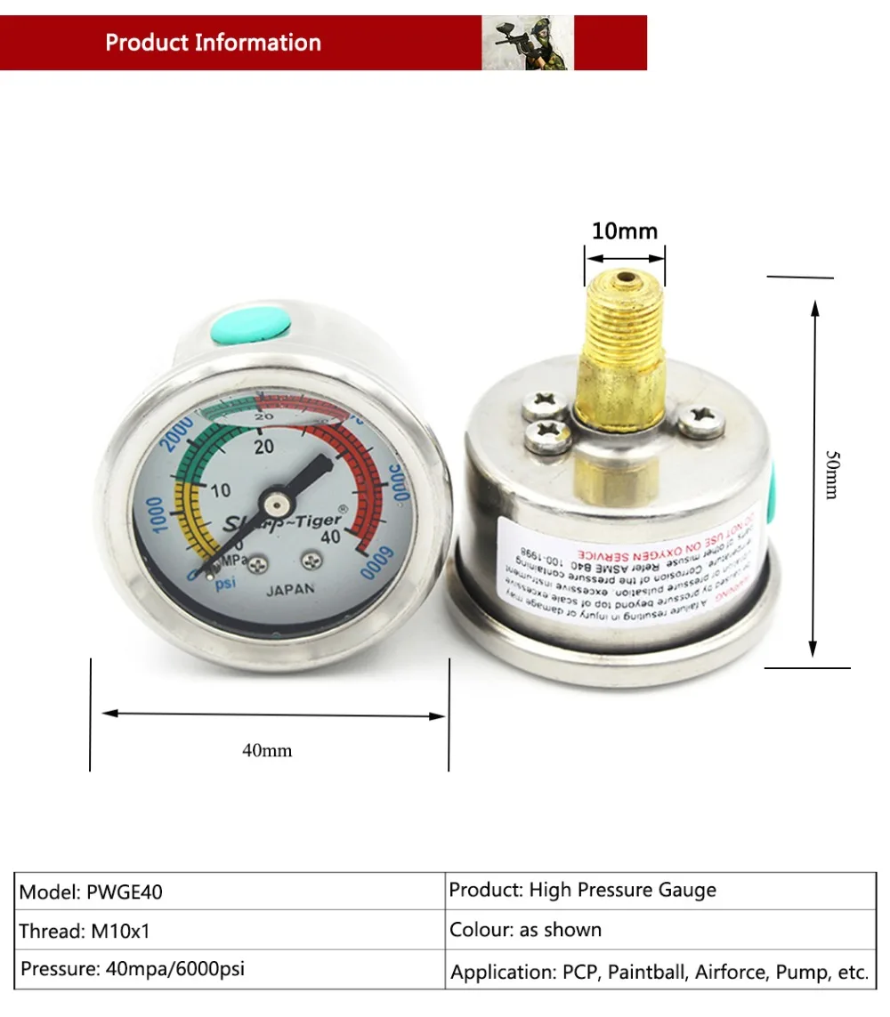 PCP Airforce Пейнтбол страйкбол ручной насос высокого давления Манометр 40 мм масляные M10x1 нитки 40mpa/6000psi медь обратное соединение