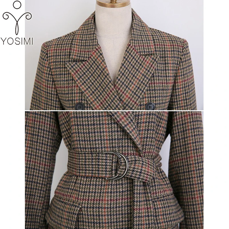 YOSIMI Autumn Winter Long Women Woolen Coat Turn-down Collar Outwear Clothing Wide-waisted Belt Female Costume Gray For Women