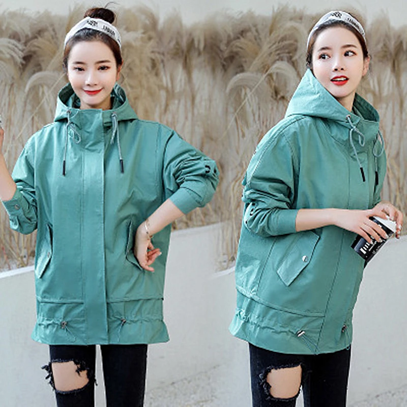

2019 Spring New Hooded Long Section Korean Version of the Women's Windbreaker jacket Casual Wild fashion Long-sleeved Jacket