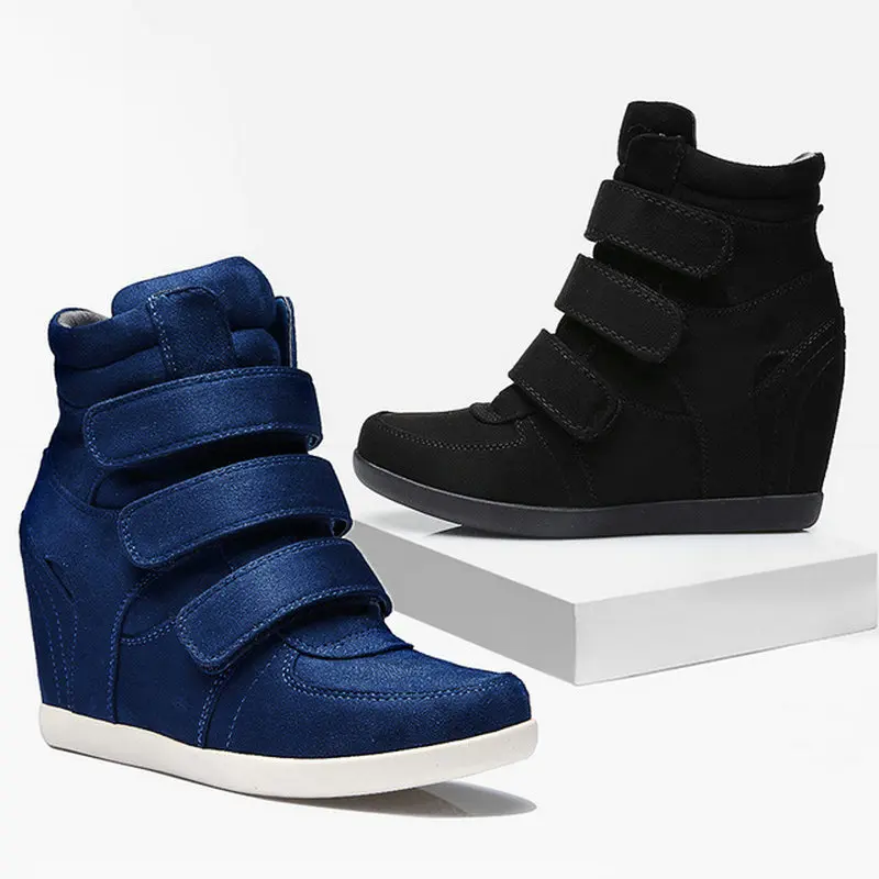 

ALL black Woman Sneakers Casual Wedge flat Platform Shoes Ankle Martin Boots Women high top Height Increasing Shoes KK-81Z