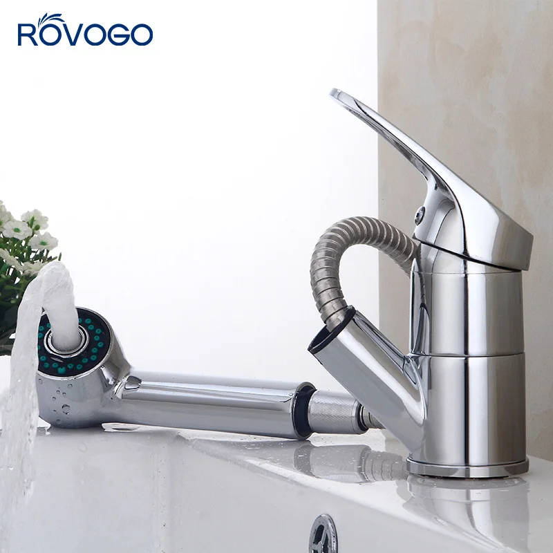 

ROVOGO Bathroom Faucet Pull Out Cold and Hot Water Kitchen Faucet Chrome Single Handle 360 Degree Swivel Taps Save Water Bubbler