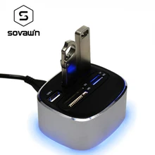 Metal Tarjeta Combo Lector de tarjetas Multi 7 en 1 SD/TF/MS/M2 3 Puertos USB 2.0 Adaptadores de Tarjetas Flash Inferior De Aleación De Aluminio LLEVÓ la Iluminación