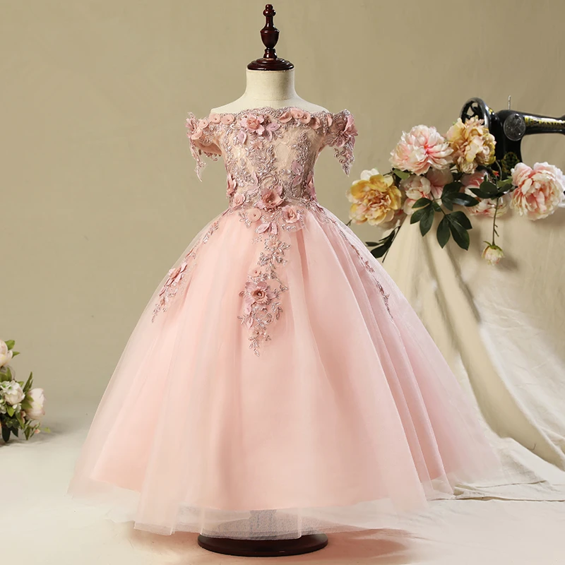 Розовый с аппликацией Рождественское платье для девочек Вышивка элегантное праздничное платье с открытыми плечами Для Девочек Свадебное платье для девочек платье принцессы с юбкой-пачкой бальное платье