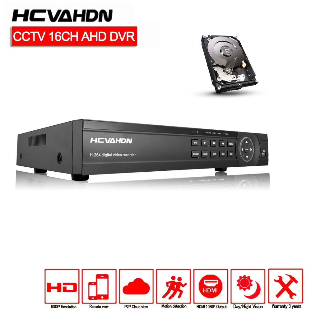 

HCVAHDN Super 16CH AHD DVR HD 1080P Video Recorder H.264 CCTV Camera Onvif Network 16 Channel IP NVR Multilanguage 2TB HDD