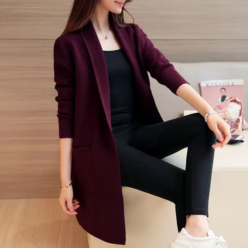 

Long Cardigan Women 2017 Spring Autumn Women Long Sleeve Pockets Knitted Cardigan Female Tricot Lady Outerwear Pull Femme F373