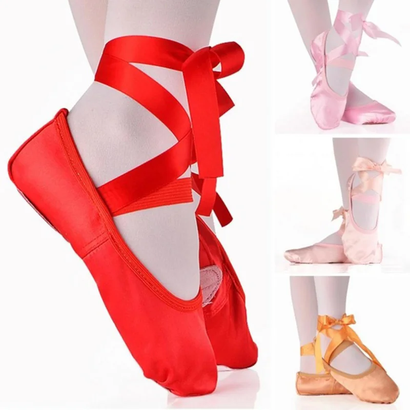 Children's and Adult Girls Ballet Dance Shoes Satin Gymnastics Flats Split Sole with Ribbon AN88