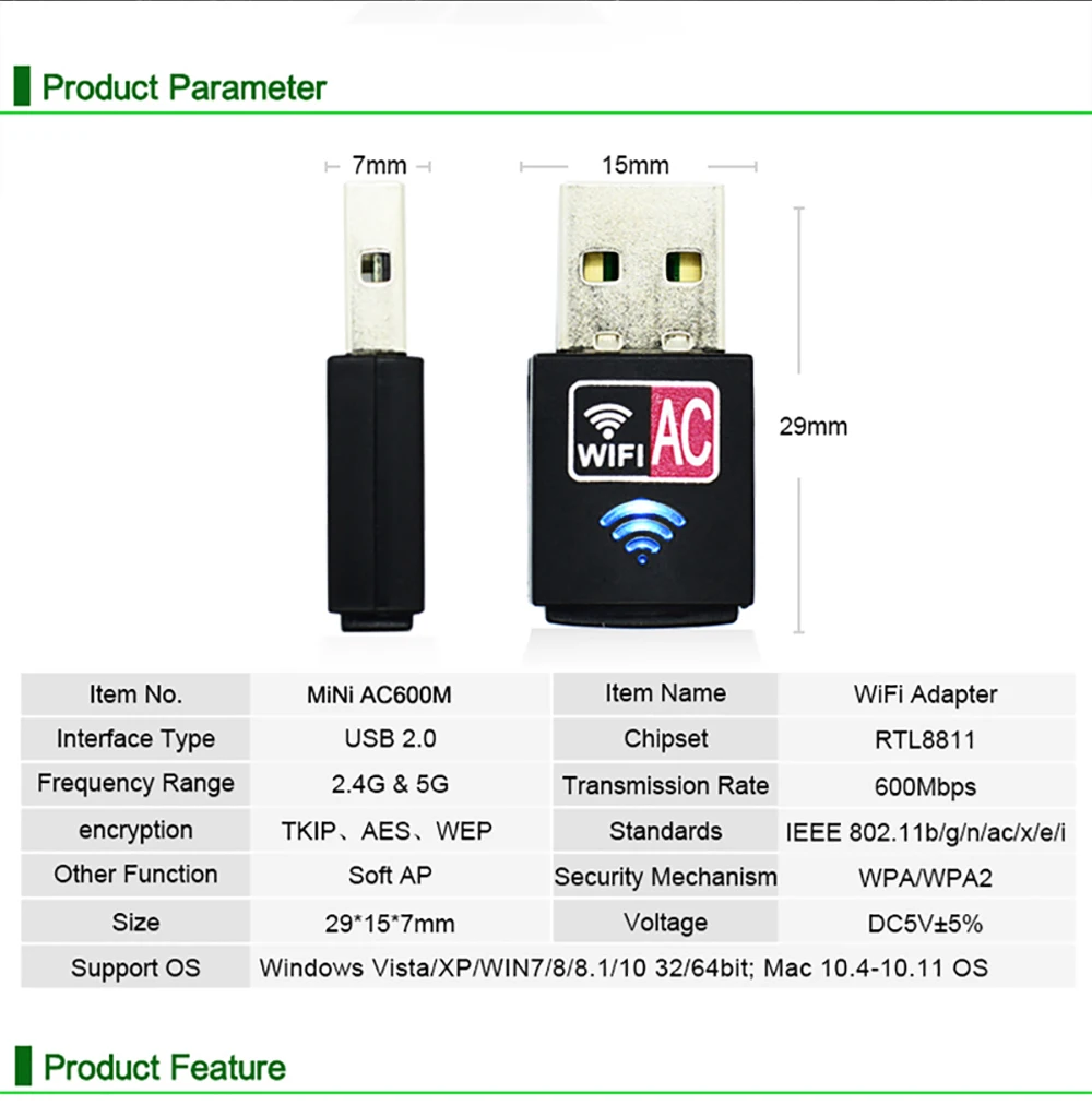 Мини 600 Мбит/с USB WiFi ключ адаптер, Двухдиапазонная USB беспроводная сеть lan карта для ПК настольный ноутбук планшет 802.11a/g/n/ac