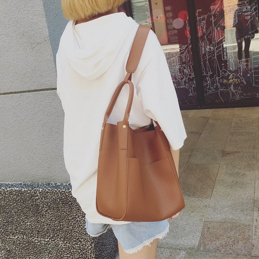 

Simple Large Capacity Bucket Bags for Women Shoulder Bag Casual PU Leather Messenger Crossbody Bags Ladies Designer Tote Purses