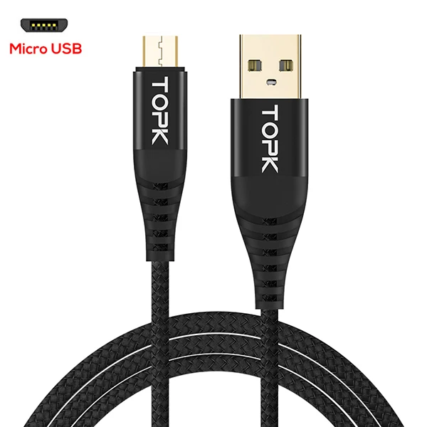 TOPK кабель micro usb нейлон синхронизации данных usb кабель для samsung S7 A5 A7 J7 Примечание 3 для huawei Xiaomi Redmi note зарядный кабель - Цвет: Black