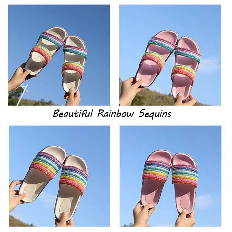 

COOLSA Brand Women's Beautiful Rainbow Sequins Flat Bling Slippers Designer Fashion Slides Beach Home Slippers Sparkling Sandals