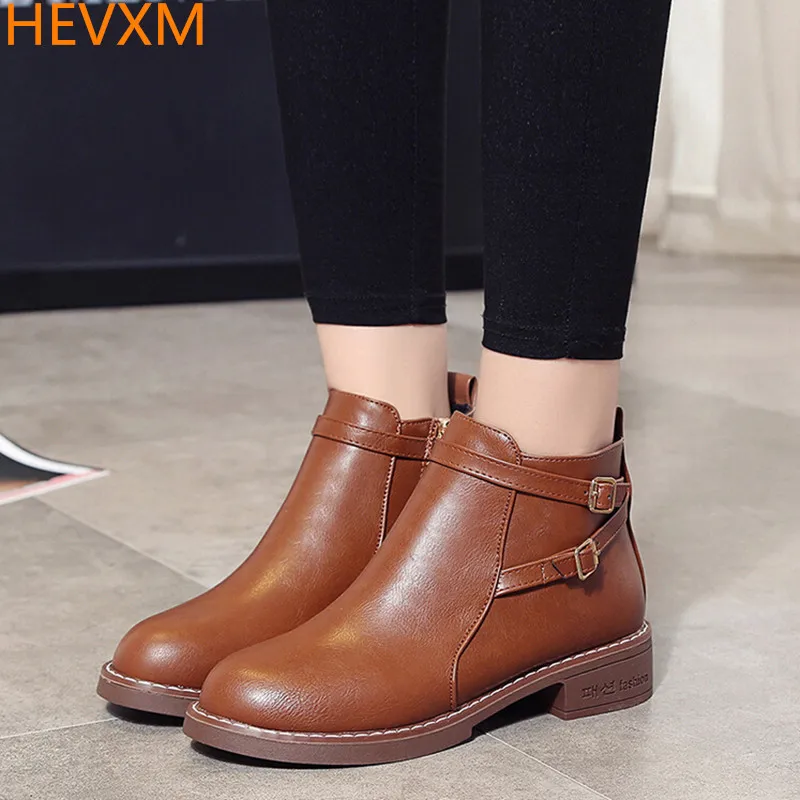 

HEVXM 2017 new tenis feminino spring boots single female side zipper belt buckle boots with thick round Martin boots boots wind