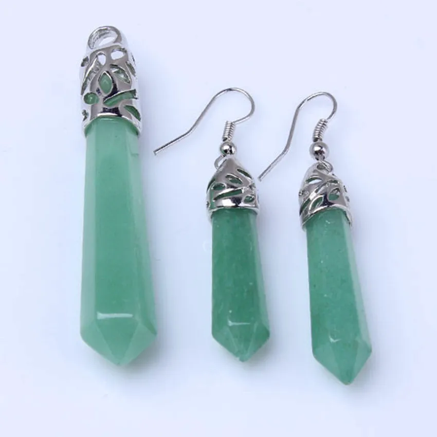 

Kraft-beads Silver Plated Hexagon Prism Natural Green Aventurine Pendant Earrings Statement Jewelry Sets