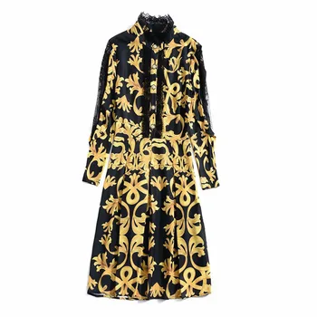 

European and American women's dress 2019 spring new style Lantern sleeve long sleeve Vintage print dress