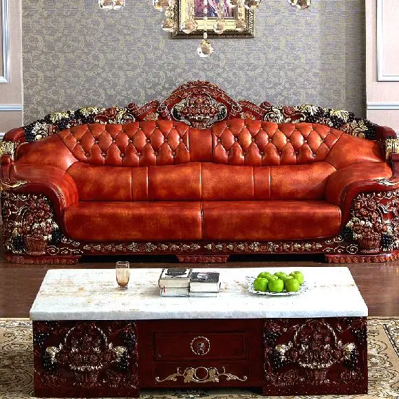 European Royal Living Room Sofa, Antique Genuine Leather Sofa Set