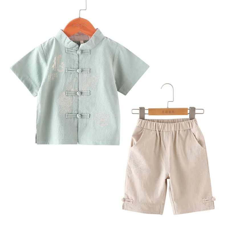 Retro Embroidery Tang Suit Boys Traditional Chinese Clothing T-Shirt+Shorts Cotton&Linen Children Clothes Set 2-10T Kids SL1037