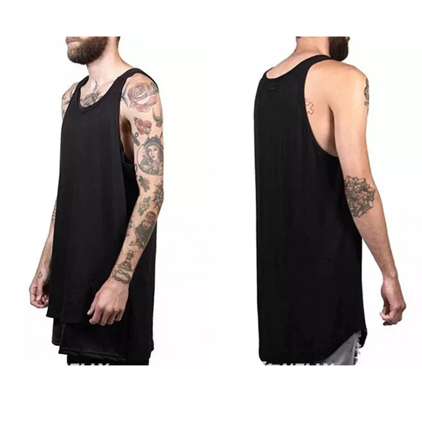

Streetwear Cotton long line bodybuilding Gym tank top men Sports Solid color sleeveless vest Hip Hop Fashion clothing WGTX165