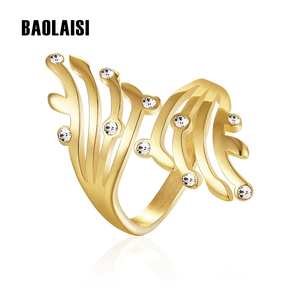 Большие женские кольца BAOLAISI с крыльями, гипербола, Трендовое кольцо из нержавеющей стали 316L золотого цвета, модные ювелирные изделия, вечерние кольца на свадьбу