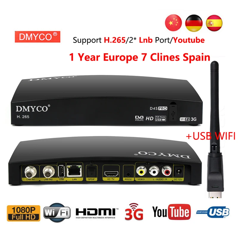 Clines for 1 year Spain D4S Pro DVB-S2 lnb Satellite Receiver Full 1080P HD decoder With USB Wifi H.265 Youtube Sat TV Receptor Clines for 1 year Spain D4S Pro DVB-S2 lnb Satellite Receiver Full 1080P HD decoder With USB Wifi H.265 Youtube Sat TV Receptor