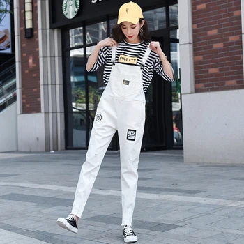 

Korean Slacks Casual Denim Jumpsuits Women Sequin Letter Patch Loose Straps Overalls Ripped Hole Jeans Rompers Female Nine Pants
