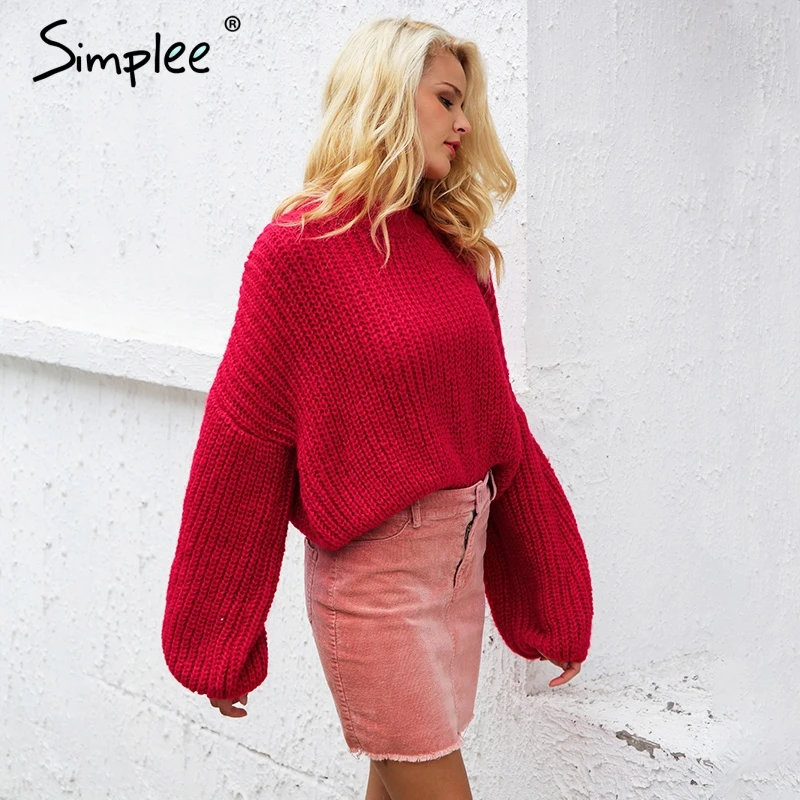 Simplee الشتاء فانوس كم محبوك سترة البلوز المرأة فضفاض جولة الرقبة الأحمر سترة الإناث الخريف عارضة سترة البلوز