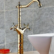 Золото Цвет Латунь Двойной Ручки Кухня раковина смеситель Ванная комната бассейна смесителя Поворотный носик wsf094