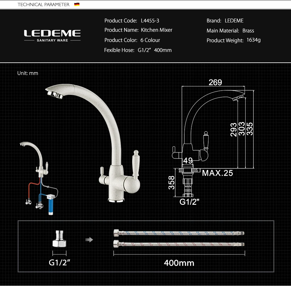 LEDEME Kitchen Faucets Swivel Drinking 360 Degree Rotation with Water Purification Features Double Handle Tri Flow 3 Way L4455-3