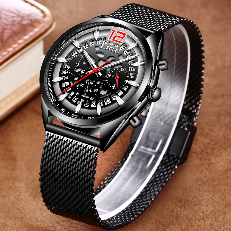2018 New Famous Brand LIGE Casual Geneva Quartz Watch Men Mesh Stainless Steel  XFXS Men Watches Waterproof Relogio Masculino 