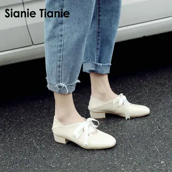 

Sianie Tianie 2020 new pleated patent PU leather square med heels woman oxford shoes ribbon lace up woman loafers pumps mules