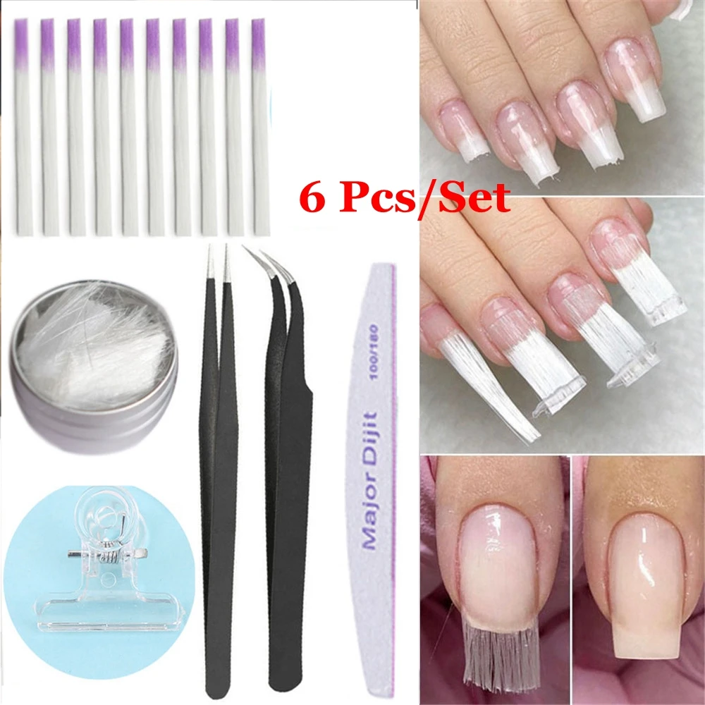 

6 Pcs/set Fibernails Fiberglass With Pinching Clips Tweezers DIY Manicure Nail Extension Tool Kit