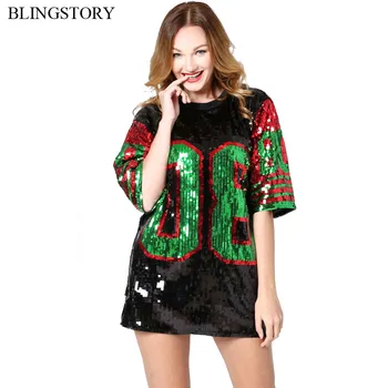 

BLINGSTORY High Streetwear Bling-bling Sequin Dance Costume Loose Tee Shirt Top Glitter Letter Women Tshirt