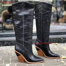 Г., черные модные высокие сапоги из змеиной кожи женские ковбойские сапоги до колена на не сужающемся книзу массивном каблуке Женские ботинки в ковбойском стиле