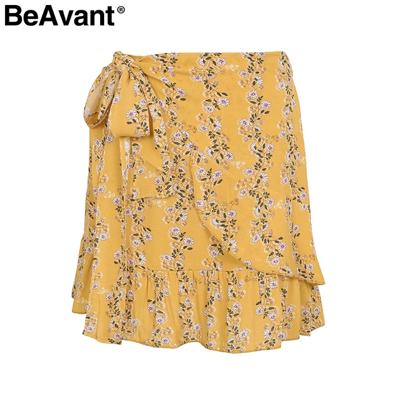 BeAvant Boho юбки с цветочным принтом женские весенние мини-юбки в горошек летние уличные юбки в полоску с оборками Женские - Цвет: Print