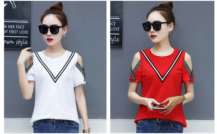 Casual T-shirts Women 2018 Fashion Patchwork Tops Tees Femme Short Sleeve Open Shoulder Tshirts Femininas Poleras Mujer (1)