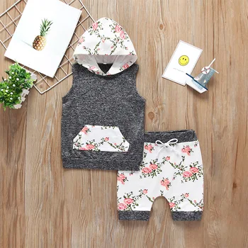 

Cross-border hot summer short sleeves girls gray hooded floral two-piece suit