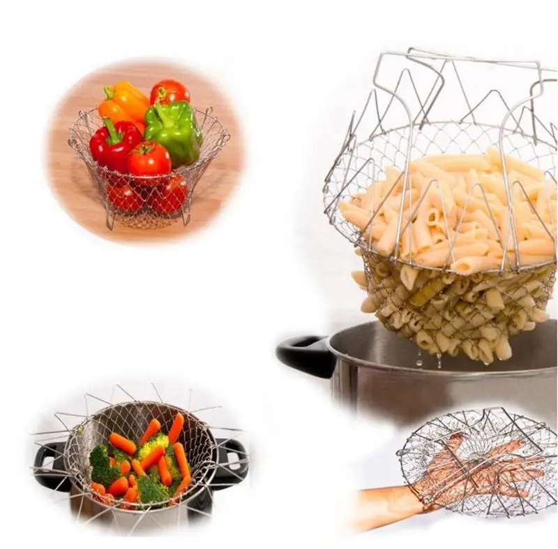 

Foldable Steam Rinse Strain Fry Chef Basket Strainer Net Kitchen Cooking Tool