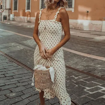 

Women Summer Dress Dot Print Slender Elegant Shoes Him Off Shoulder Dress Lazy Swing Party Dresses Vestidos De Verano Neue