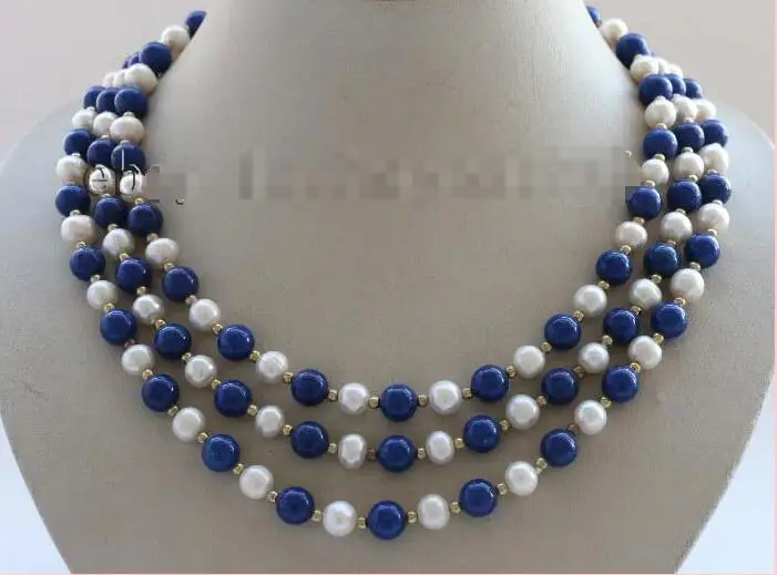 

Free shipping hot sale Women Bridal Wedding Jewelry >>17-18-19" 3rows Genuine Natural 8mm White Pearl lapis lazuli Necklace