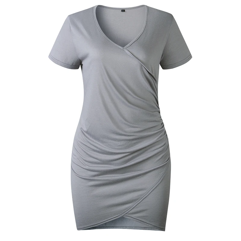 

BBYES Female 4 Colors Mini Party Club Wrap Bodycon Solid Dress Casual Sexy V-neck Bag Hip Short-sleeved Irregular Women Dress