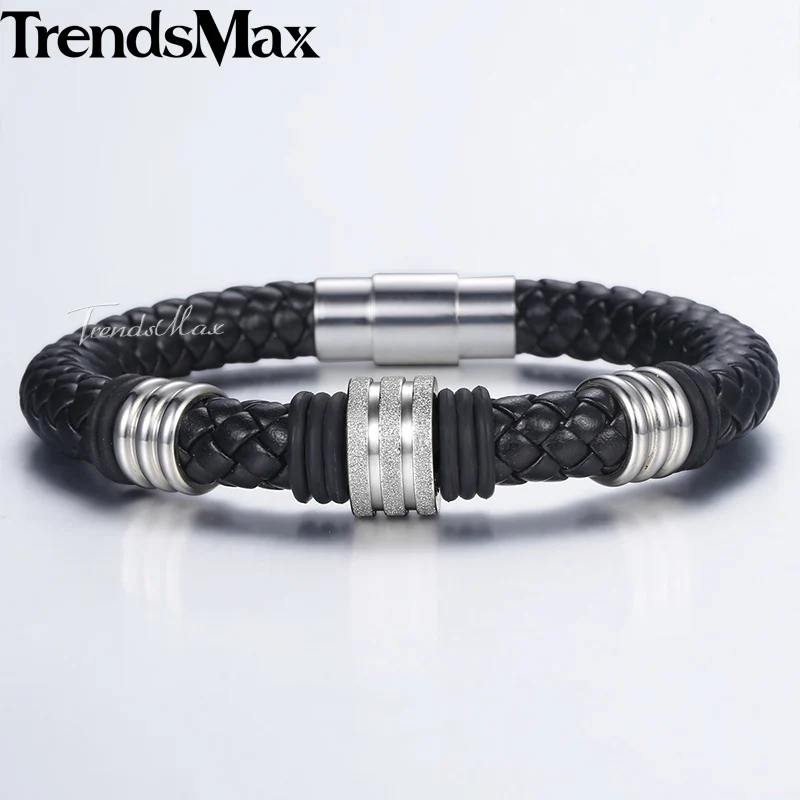 

8mm Braided Leather Bracelet For Men Boy Stainless Steel Matte Cinnabar Powder Wristband Stainless Steel Magnetic Clasp DLB103