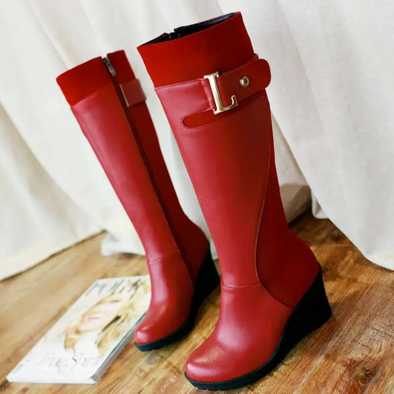 ZALAVOR/женские сапоги на высокой танкетке размера плюс 30-52; зимние сапоги до колена в стиле пэчворк; женская обувь с металлической пряжкой; зимние сапоги на платформе