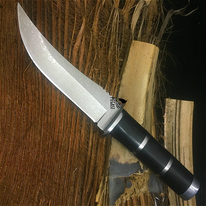 

Black handle 57HRC straight knife multi-function Damascus decorative pattern bamboo festival knife outdoor straight knife