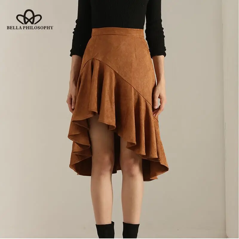 Wonder 2018 new Autumn leather suede asymmertrical skirt winter high waist skirt zipper skirt womens high low ruffle skirt