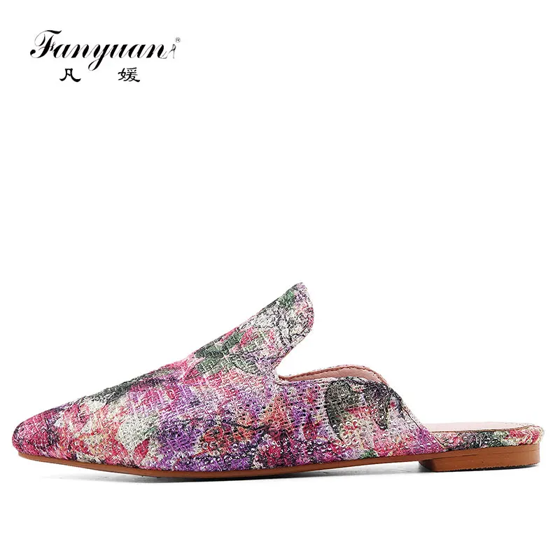 

Fanyuan Vintage Print Ladies Mules Shoes 2018 Summer Outdoor Girl's Flats Pointed Toe Casual Shoes Women Slip-on Scarpe Donna